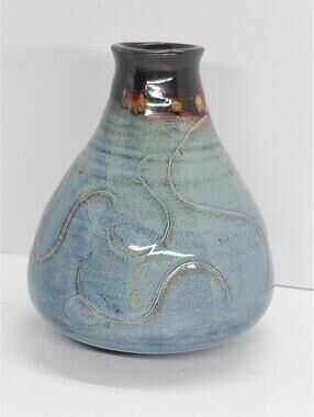 Handmade Ceramic Blue And Brown Bud Vase 5 Inch Signed By Artist